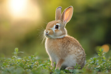 Fototapeta premium Adorable Baby Rabbit Sitting In Green Grass