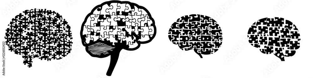 Poster different stages of puzzle assembly representing cognitive processes and problem-solving methods in 