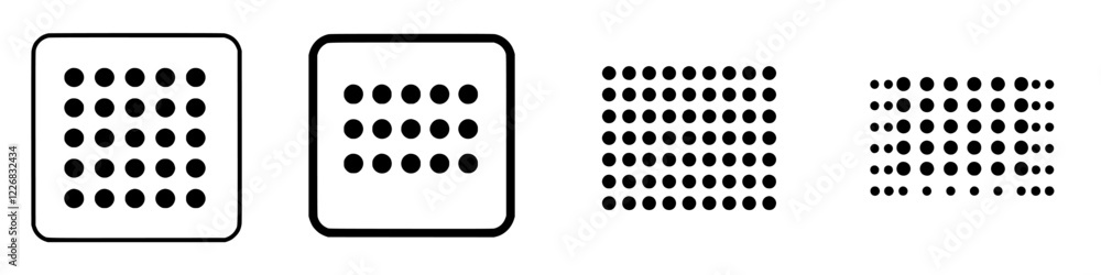 Poster patterns of circles arranged in varying formations on a white background showcasing visual symmetry 
