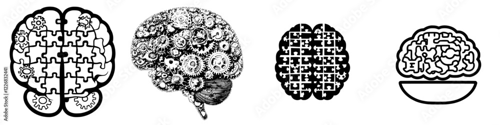 Poster various artistic representations of the brain showing gears and puzzles in a creative display of tho