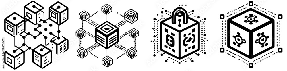 Poster blockchain technology designs showcasing interconnected nodes and secure blocks in a modern digital 