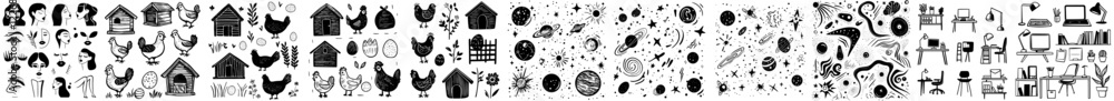Poster unique array of abstract shapes and patterns displayed in black and white across a horizontal canvas