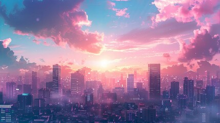 Fototapeta premium Pink Sky Cityscape Sunset Urban Fantasy Art