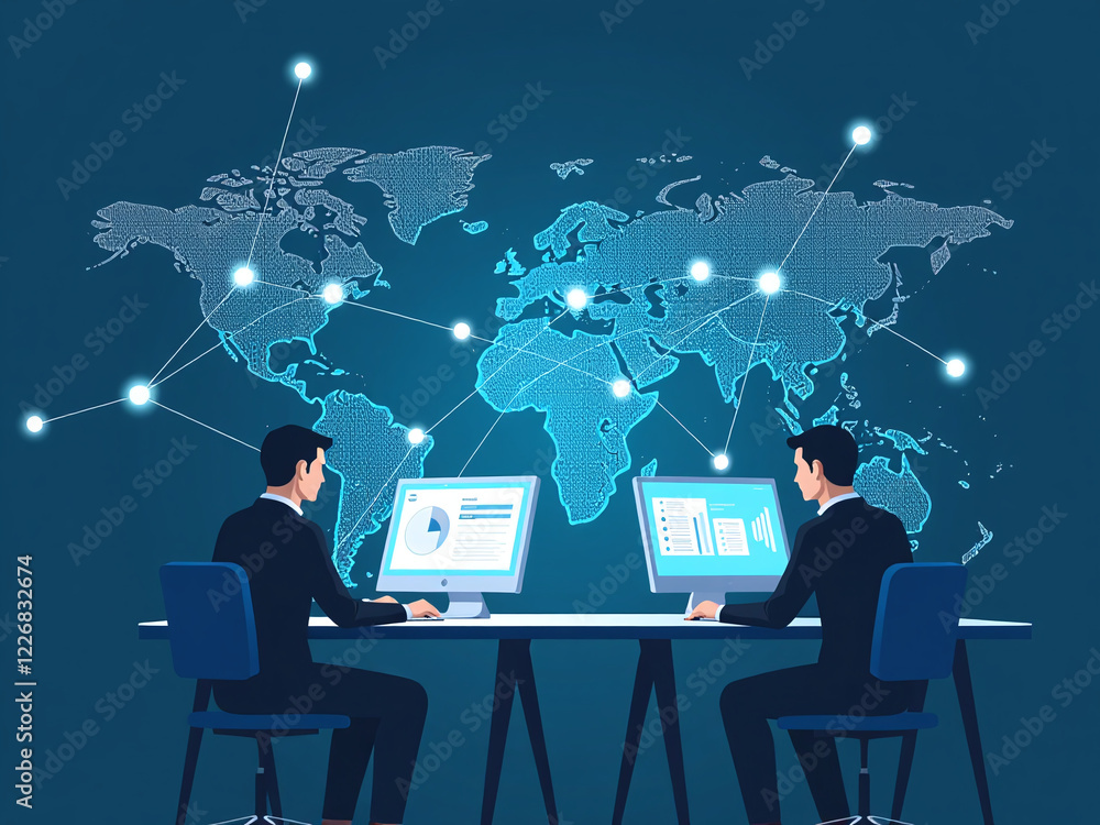 Poster businessmen connect to a global network using computers for big data analytics and business intellig