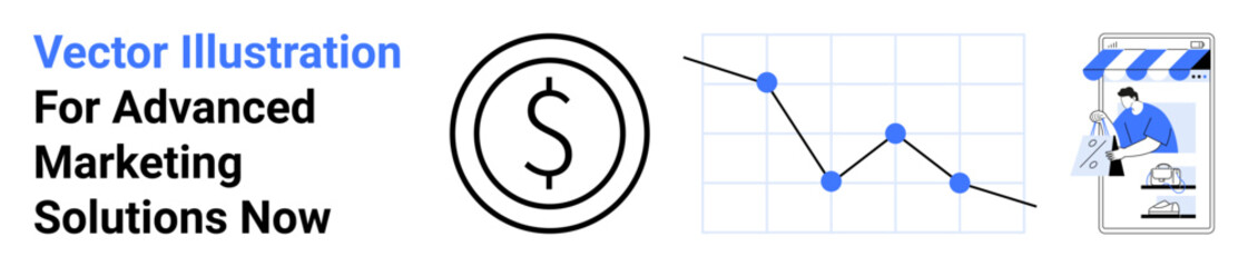 Dollar icon, line graph with data points, and online store imagery visualizing financial growth, e-commerce, and analytics. Ideal for marketing, sales, advertising, analytics e-commerce finance