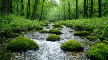 Fototapeta premium Lush green forest stream, mossy rocks, tranquil nature scene, perfect for relaxation or travel brochure