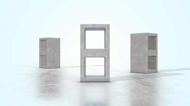 Cinder Blocks on a Light Reflective Floor. Cement Bricks 3D Animation. 4K