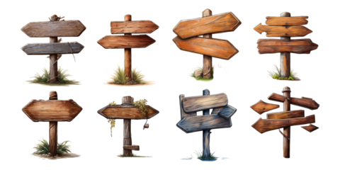 Wooden Directional Signs on Transparent Background