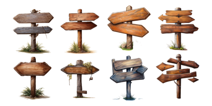 Wooden Directional Signs on Transparent Background