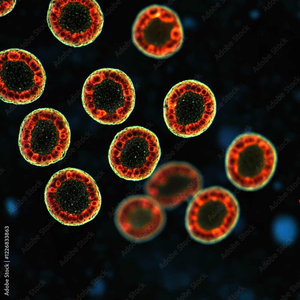 Poster microscopic view of cellular structures with red and black interior on dark background