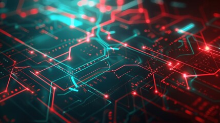 Fototapeta premium Abstract Futuristic Technology Network: Red and Teal Circuitry