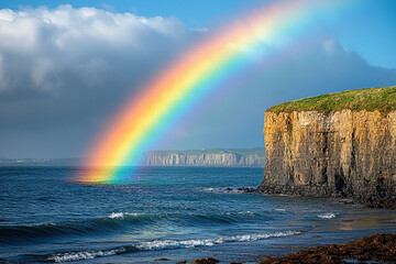 Fototapeta premium Rainbow Arcing Over Coastal Cliffs and Ocean Waves