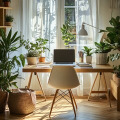 Sunlit home office, plants, laptop, work