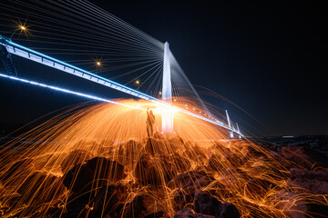 Iron fireworks at night under bridge near the Yangzi River