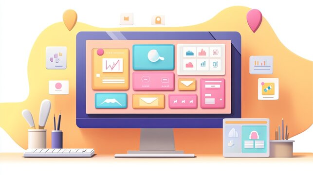 A clean web design dashboard displayed on a bright computer screen with organized tools. digital