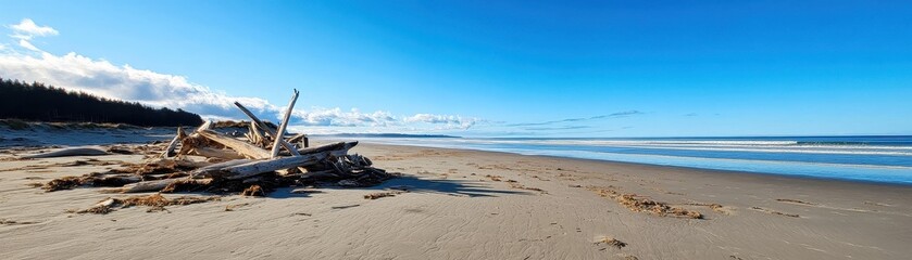 Fototapeta premium King tides surging over a sandy beach, reclaiming space and revealing driftwood treasures along the shore.
