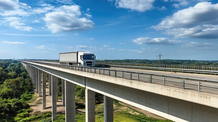 Obraz premium Truck Crossing a Long Viaduct under a Sunny Sky