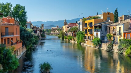 Obraz premium Colorful Buildings Line a Calm River Under a Sunny Sky