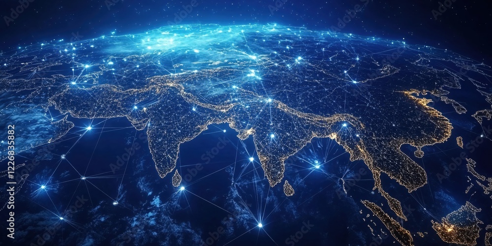 Poster global network connection across asia and australia with glowing nodes and lines on earth
