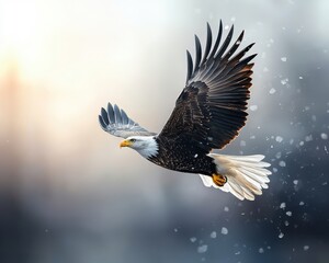 Obraz premium Majestic Bald Eagle in Flight Against Soft Background