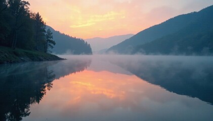 Fototapeta premium Serene lake at dawn with mist rising from water surface, nature, peaceful