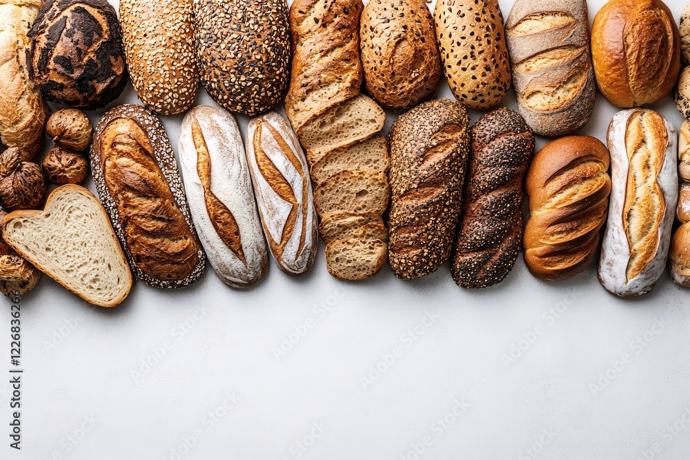 Poster artisan bread assortment on white background displaying crusty loaves and a slice for texture