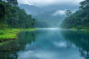 Serene Lake Surrounded by Lush Green Mountain Forest