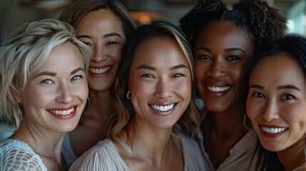 Five diverse women smiling together joyfully