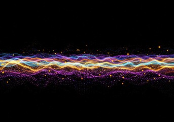 Vibrant, flowing waves of color and light trails across a dark background. Ethereal, digital, energetic, and abstract