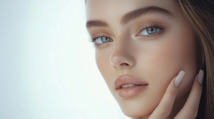 Naklejka premium Close-up Portrait of a Young Woman with Smooth Skin and Subtle Makeup, Emphasizing Her Natural Beauty.