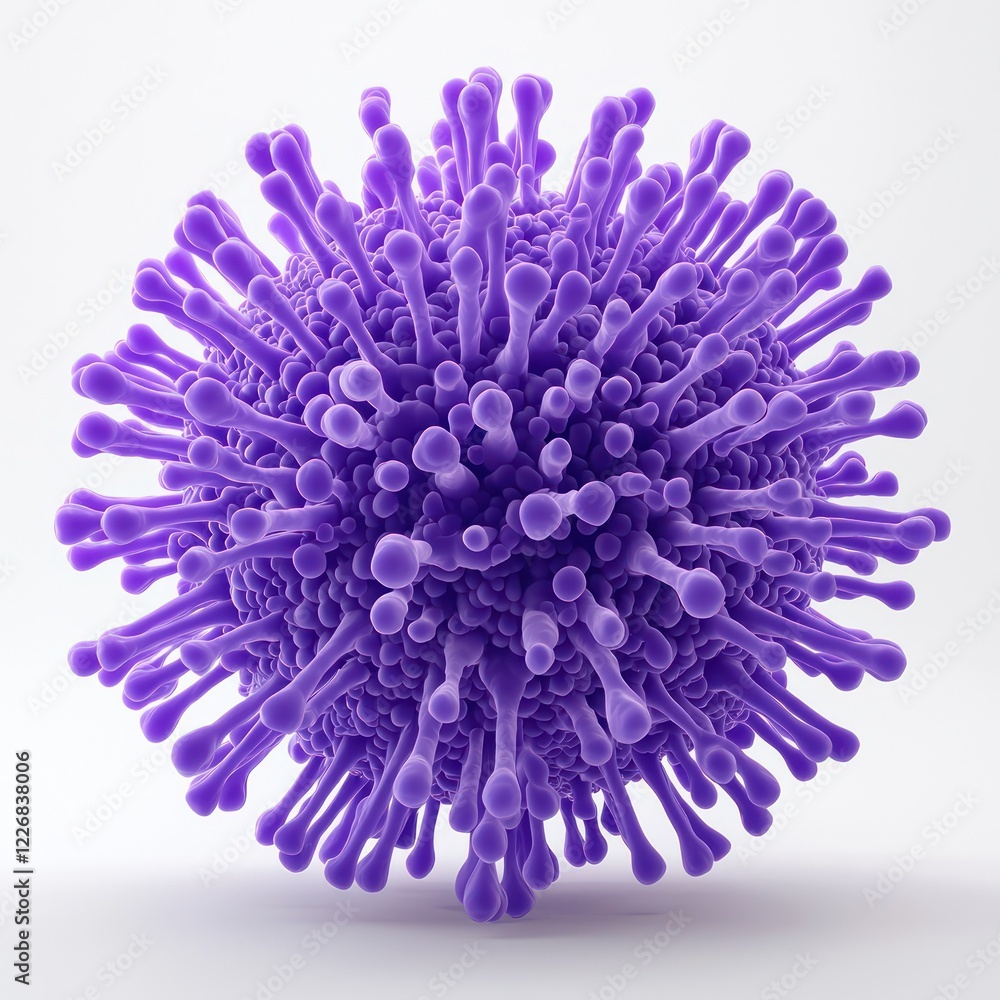 Poster captivating 3d depiction of a virus particle, focusing on layered complexity and striking purple ton