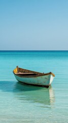 Fototapeta premium A lone fishing boat floating in the middle of a calm turquoise sea