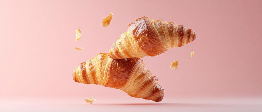 Two golden croissants float against a soft pink backdrop with flaky pieces in motion