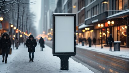 Winter city street with vertical outdoor flyer stand and copy space