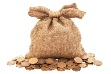 Isolated Burlap Money Sack with Scattered Coins, Vintage Finance
