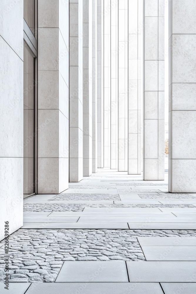 Poster modern architecture perspective with concrete columns and stone pavement in bright light