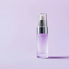 An elegant skincare serum bottle with a unique design feature, such as an ornate cap, prominently...