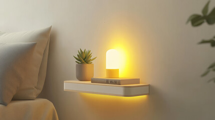 A wall-mounted floating nightstand with a small yellow lamp, a book, and a single succulent. 