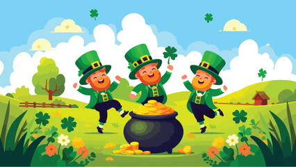 Fototapeta premium Three cheerful leprechauns dressed in traditional green outfits with tall hats, dancing around a pot of gold at the end of a rainbow. Include shamrocks and a vibrant countryside background 