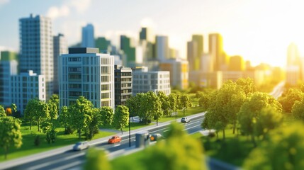 Obraz premium Miniature city scene with green trees, modern buildings and cars on the road in sunny day