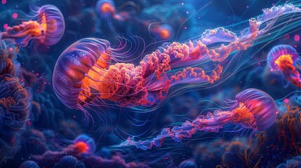 Vibrant Jellyfish Swim in a Cosmic Ocean Scene