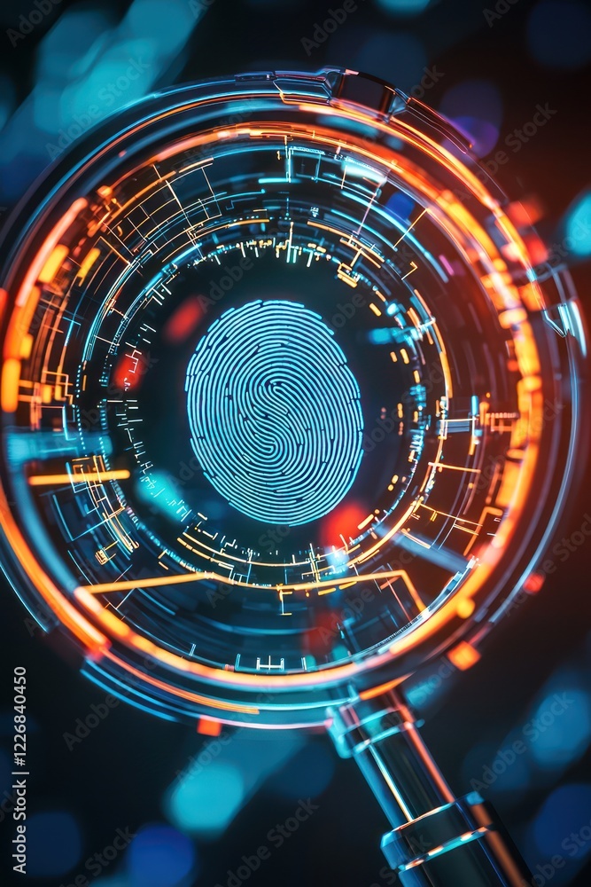 Poster interactive holographic fingerprint displayed under magnification, showcasing enhanced biometric tec