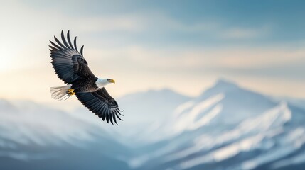 Fototapeta premium Majestic Bald Eagle Soaring Over Serene Mountains