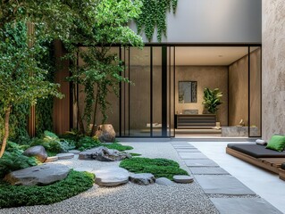 Obraz premium A luxury spa inside a green building, with eco-friendly design elements like natural stone walls and a lush courtyard.