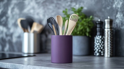 A utensil holder in deep purple, with a slightly textured matte finish for a stylish kitchen counter. 