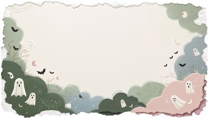 Halloween frame with cute ghosts and bats on torn paper with space for text