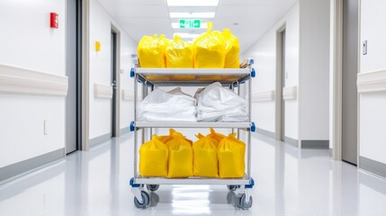 Medical Cart with Clean Laundry and Trash Bags in Hospital Corridor