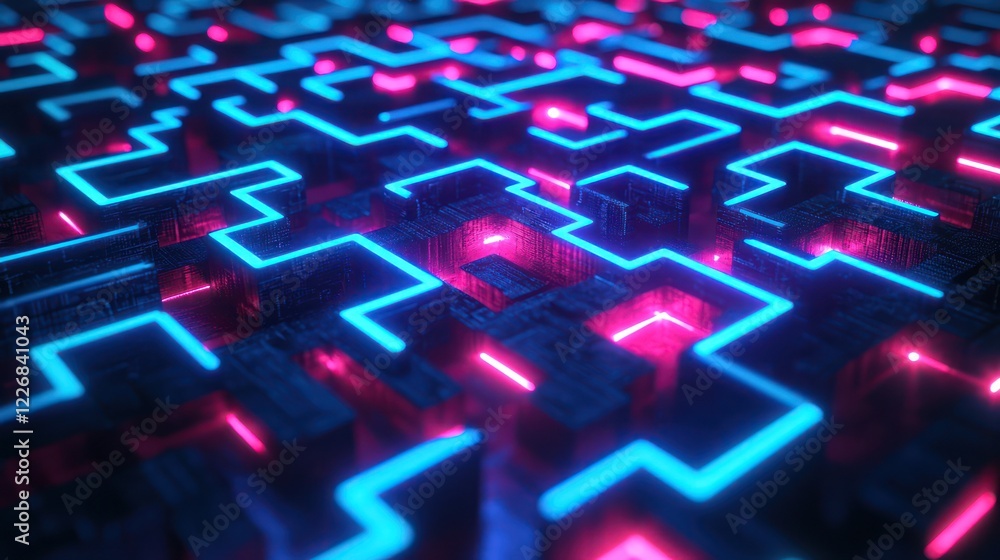 Poster futuristic maze patterns glowing with neon light, symbolizing the complexity and elegance of modern 