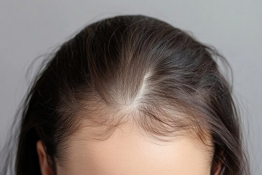 Closeup view of female hair thinning at hairline