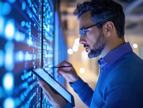 A mid-adult IT professional inspecting a server rack with a digital tablet, surrounded by glowing data panels